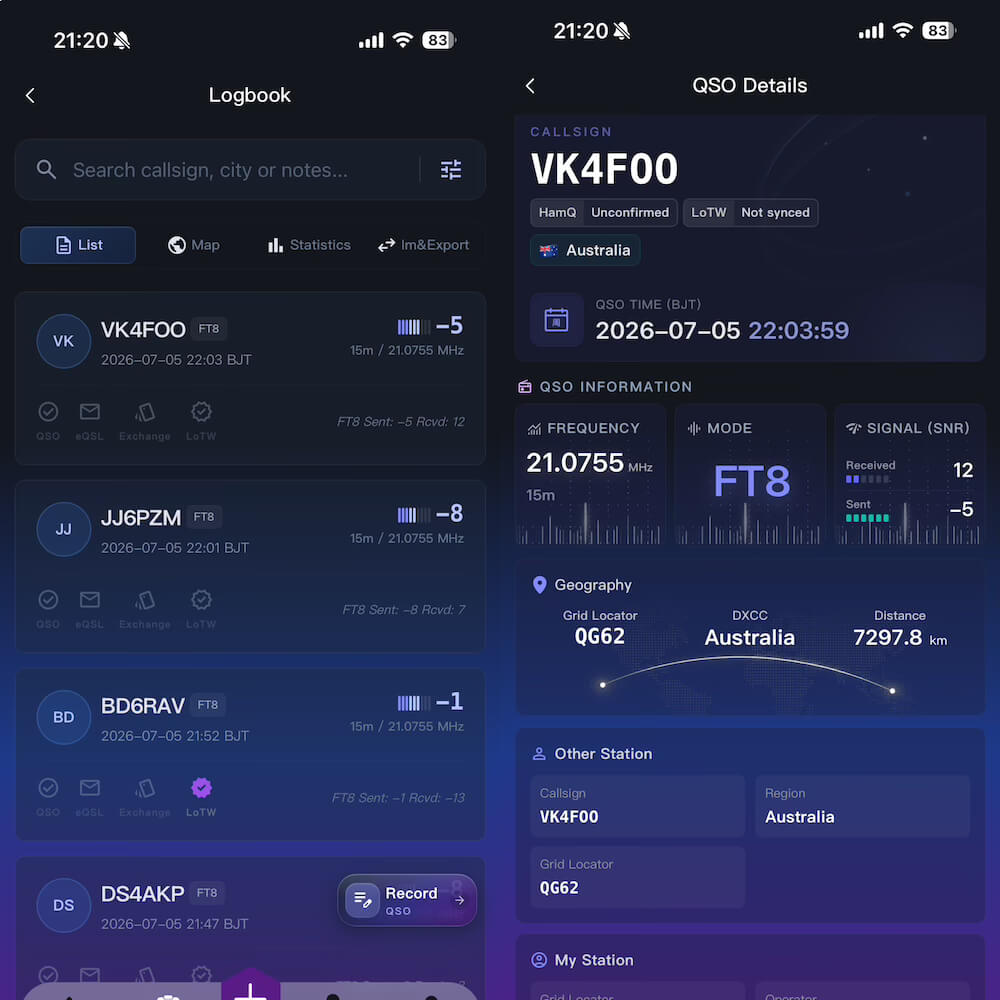HAMQ logbook, QSL status, and QSO statistics